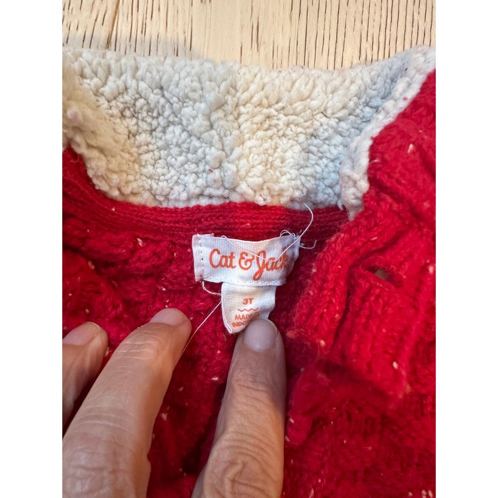 Cat & Jack Toddler Boys Red Marled Knit Sweater Mock Neck Faux Shearling 3T - Picture 2 of 3